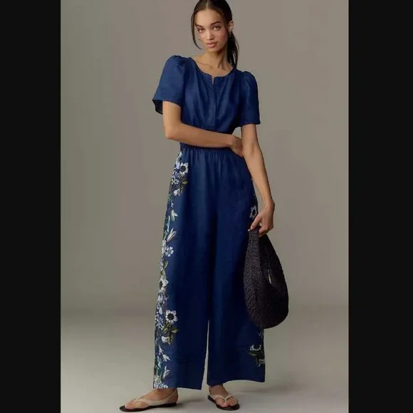 New SP By Anthropologie The Somerset linen printed jumpsuit in blue S Petite